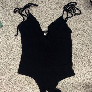 Fashion Nova Black Ribbed Tie-Shoulder Bodysuit